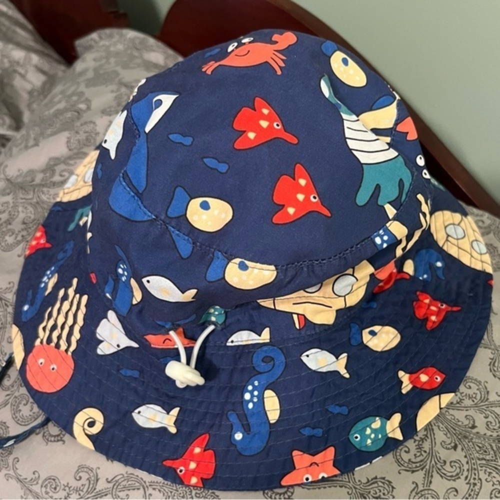 Kids' Blue Sea Creatures Beach Hat Drawstring Size 52 cm (Ages 2-3) EUC #1997